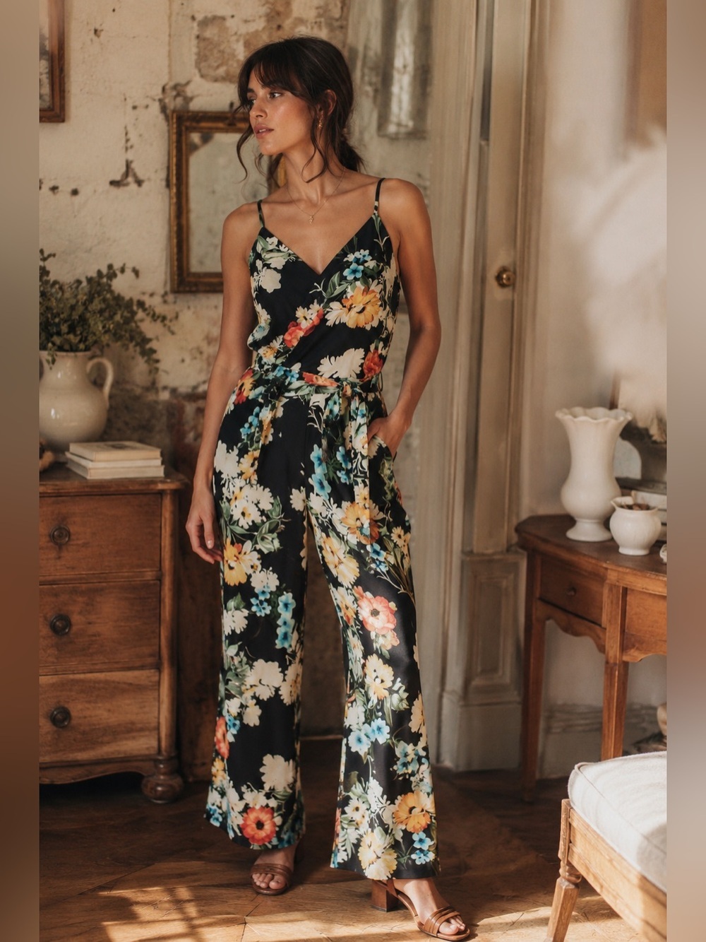 Yumi Kim Women Roe Jumpsuit XS Black Morning Glory Floral Wide Leg Anthropologie